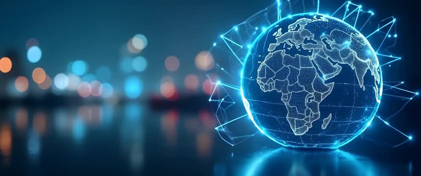 Futuristic digital globe rotates amidst a cityscape at night, with bokeh lights subtly flickering; camera gently pans to reveal the interconnected network in a cinematic style.
