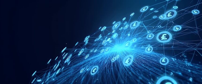 Futuristic digital currency symbols hover dynamically over a glowing network grid, as the camera slowly pans to reveal a seamless, technology-inspired landscape in a cinematic style.