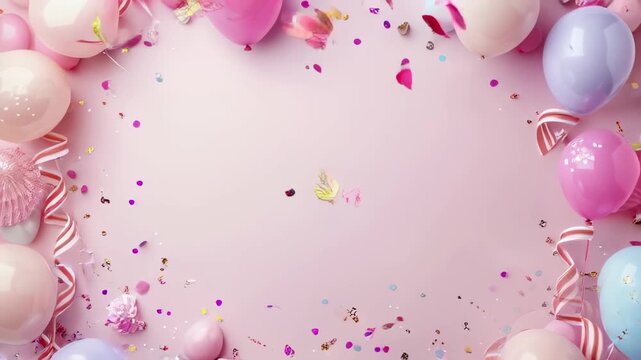 Overhead view of soft romantic party decor with glossy balloons, curled ribbons, and heart-shaped confetti on a light pink surface.