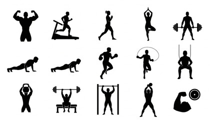 Various people engaging in fitness activities and exercises in black silhouettes