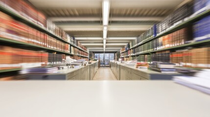 Blurred background of modern library interior for educational themes.