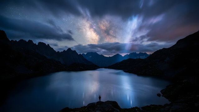Person standing by serene mountain lake under starry night sky - Powered by Adobe