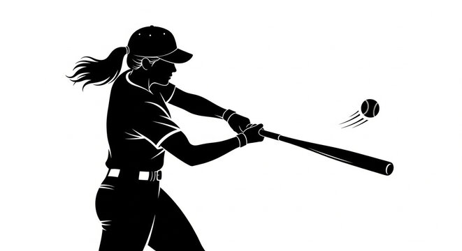 Female softball player swinging bat at fastpitch ball