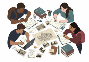 Diverse students collaborate on historical research, studying blueprints and old photographs in a focused group study session, exploring architecture and knowledge.