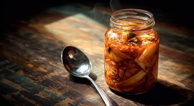 Authentic Korean Kimchi Fermentation in Glass Jar with Spoon on Rustic Wooden Table Close Up Food Stock Video