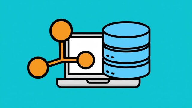 Database server icon appearing on laptop screen with network connection symbol on blue background
