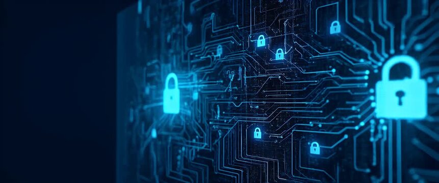 Futuristic digital lock icon glows on a circuit board, with gentle data stream motion; camera slowly pans across the scene, capturing cybersecurity technology in a cinematic style.