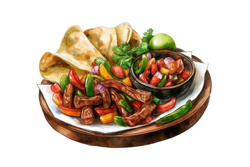 Watercolor Fajita Platter Isolated on Transparent Background. Fajita Platter with Vegetables and Meat PNG.