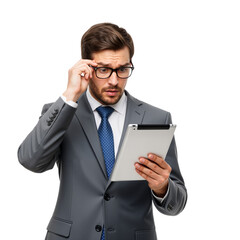 Stressed Businessman in Grey Suit Adjusts Glasses While Staring at Tablet Against White Background &mdash; Furrowed Brow, Tense Posture &mdash; Symbolizing Workplace Pressure, Tech Glitches, Decision Fatigue, or 