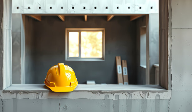 Industrial Concept Featuring A Yellow Safety Helmet Left On A Window Opening In A Developing Building