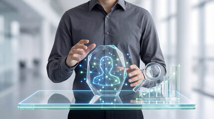 man interacting with virtual interface and data visualization