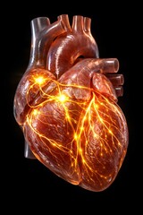 Glowing Human Heart Anatomy on Dark Background, Detailed Medical Illustration of Cardiovascular System Showing Arteries and Veins for Healthcare, Cardiology, Biology, Medical Education, Science Resear
