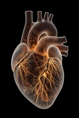 Glowing Human Heart Anatomy on Dark Background, Detailed Medical Illustration of Cardiovascular System Showing Arteries and Veins for Healthcare, Cardiology, Biology, Medical Education, Science Resear
