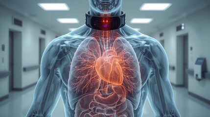 Futuristic Human Anatomy with Glowing Heart and Internal Organs, Advanced Medical Technology Visualization for Healthcare, Cardiology, Wearable Tech, Artificial Intelligence, Digital Health, Science I