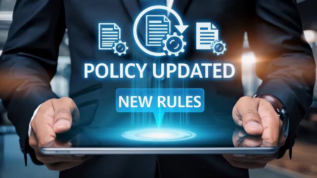 Business professional holding tablet with policy updated notification, Corporate compliance, new rules implementation, governance management, regulatory change, and digital documentation process.