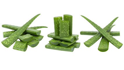 Three arrangements of aloe vera gel cubes isolated on transparent background