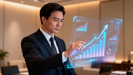 Businessman interacting with digital financial charts