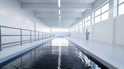 A long, minimalist indoor pool features calm water with subtle ripples, set within a pristine white architectural space.