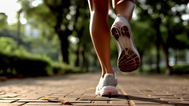 A closeup of a persons legs and feet walking on a paved path in a park. The sunlight filters through the trees.