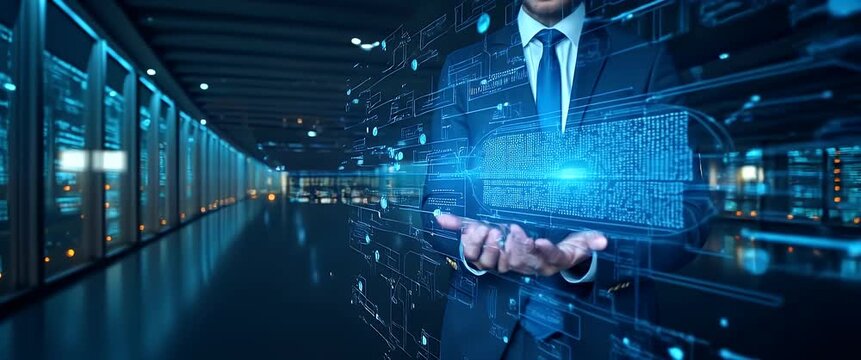 Business professional interacts with a glowing digital interface in a futuristic data center, camera slowly pans to reveal high-tech servers, ambient lights flicker in a cinematic style.