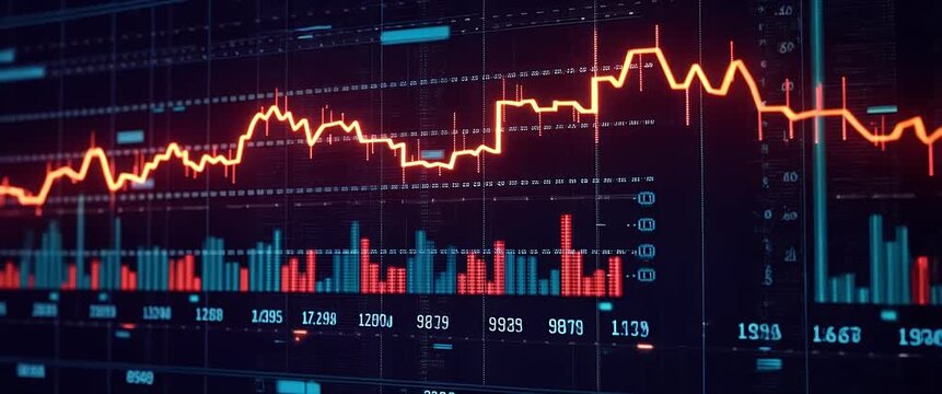 Dynamic financial graph with fluctuating stock prices, slow camera pan across data, ambient screen flicker, cinematic style, perfect for business analytics and market trends content.