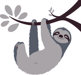 Minimalist vector sticker of a sloth hanging from a branch, calm pose, simplified rounded shapes, clean outline, flat soothing style, white background, wellness app friendly