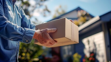 Close-up of a courier in a blue shirt giving a cardboard box to a customer, with blurred house and sky in the background.