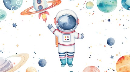 Watercolor-style illustration featuring a cute astronaut, rocket, and colorful planets. Perfect frame for invitations, greetings, posters, and kids&rsquo; designs.