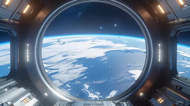 A breathtaking view of Earth with blue oceans and white clouds is seen through a large circular window of a futuristic spaceship.
