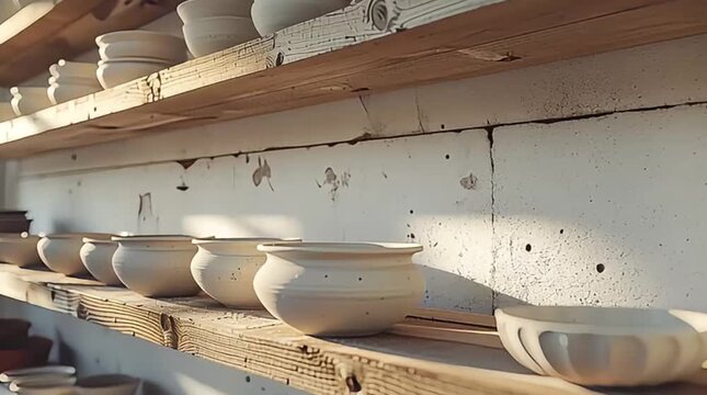 Rustic wooden shelves in a pottery studio are filled with numerous unglazed ceramic bowls and pots, bathed in warm sunlight.