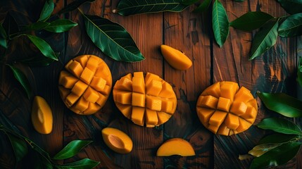 Top-down view of cut and whole mangoes with green leaves, emphasizing juicy texture, vibrant color, and tropical freshness.