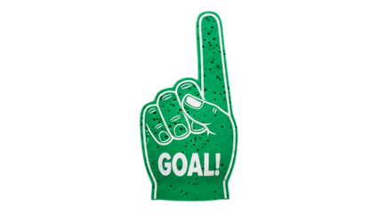 A foam finger signaling a goal, exuding excitement and triumph. Its vibrant green color and the bold GOAL! inscription capture the energy of sports and achievement transparent background
