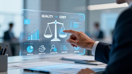 Businessman interacting with holographic quality cost analysis