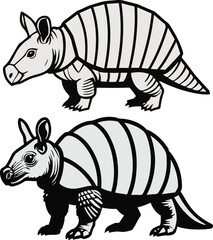  Minimal vector sticker of an armadillo side view, segmented shell simplified, clean bold outline, flat design, white background, protection concept branding