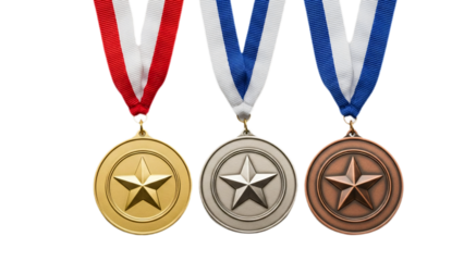Gold, silver, and bronze medals, each featuring a star design and colorful ribbons, representing first, second, and third place transparent background