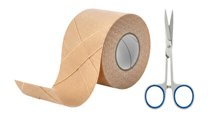 Roll of beige athletic tape with a pair of scissors on white background, suggesting injury treatment.  transparent background