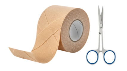Roll of beige athletic tape with a pair of scissors on white background, suggesting injury treatment.  transparent background