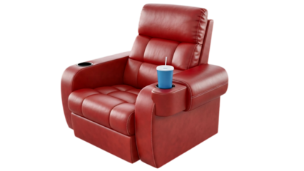 A modern red recliner chair with a drink holder transparent background