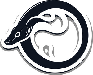 Minimal vector sticker of an eel in curved motion, flowing silhouette, clean outline, flat design, white background, power and movement branding 2