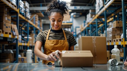Smiling Black woman sealing cardboard boxes with tape in a warehouse, representing logistics, e-commerce, shipping, and supply chain efficiency.