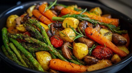 Fototapeta premium Cooking a healthy vegetarian dish with various roasted vegetables and herbs in a pan