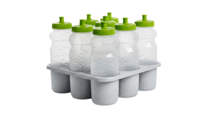 A collection of water bottles in a tray, ready for use transparent background