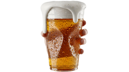 Frothy beer overflowing from a unique glass, evoking refreshment and enjoyment. The foam cascades over the rim transparent background