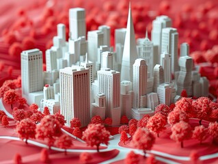 Stylized miniature city model with white skyscrapers surrounded by red trees, illustrating urban planning and creative architecture concepts.