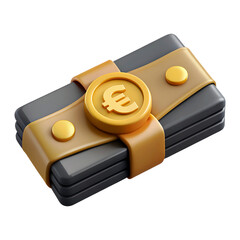 3D illustration of a stack of black cash bundles fastened with a golden strap featuring a euro symbol, symbolizing wealth and savings.  .