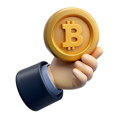 Realistic 3D illustration of a hand holding a golden Bitcoin coin, symbolizing crypto assets, finance, and digital transactions.  .