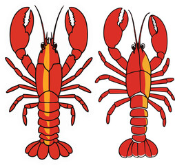 Minimalist vector sticker of a lobster top view, segmented body simplified, clean outline, flat modern style, white background, gourmet branding.