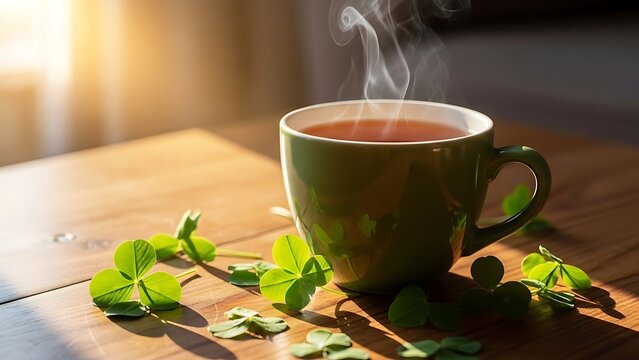 St Patrick's Day, Green mug of hot tea with shamrocks and clover leaves