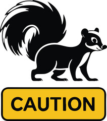 Minimalist vector sticker of a skunk tail raised, simplified warning pose, clean outline, flat icon style, white background, caution label friendly 2