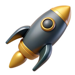 Black and gold 3D rocket on a transparent background, representing fast market growth, crypto launches, investment boosts, and emerging financial opportunities..